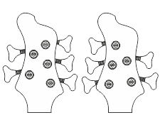 Bas pięciostrunowy - stroiki w dwustronnym układzie 2+3 (dwa lewe i trzy prawe) oraz główka z układem 3+2 (trzy lewe oraz dwa prawe) Dwustronny układ stroików na główce pięciostrunowej gitary basowej