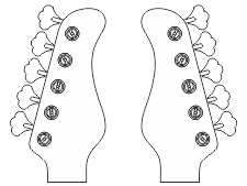 Stroiki w układzie 5 w jednej linii (stroiki lewe) oraz główka w wersji reverse (stroiki prawe) Układ stroików na główce gitary basowej - 5 stroików umieszczonych w jednej linii