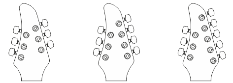 Dwustronny układ stroików na główce gitary elektrycznej - 3+3 (gitara sześciostrunowa), 3+4 (gitara siedmiostrunowa), 3+5 (gitara ośmiostrunowa) Klasyczny dwustronny układ stroików na główce gitary elektrycznej