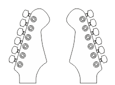 Stroiki w układzie 6 w jednej linii (stroiki lewe) oraz główka w wersji reverse (stroiki prawe) Układ stroików na główce gitary elektrycznej - 6 stroików umieszczonych w jednej linii