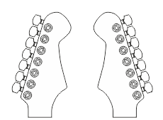 Stroiki w układzie 7 w jednej linii (stroiki lewe) oraz główka w wersji reverse (stroiki prawe) Układ stroików na główce gitary elektrycznej - 7 stroików umieszczonych w jednej linii