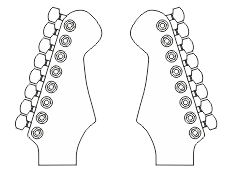 Stroiki w układzie 8 w jednej linii (stroiki lewe) oraz główka w wersji reverse (stroiki prawe) Układ stroików na główce gitary elektrycznej - 8 stroików umieszczonych w jednej linii